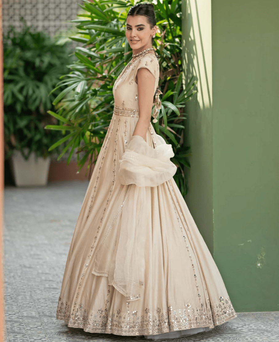 Ivory Gold Chanderi Anarkali Set Esha Koul - Fabilicious Fashion