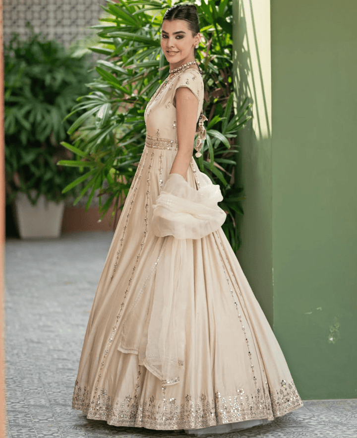 Ivory Gold Chanderi Anarkali Set Esha Koul - Fabilicious Fashion