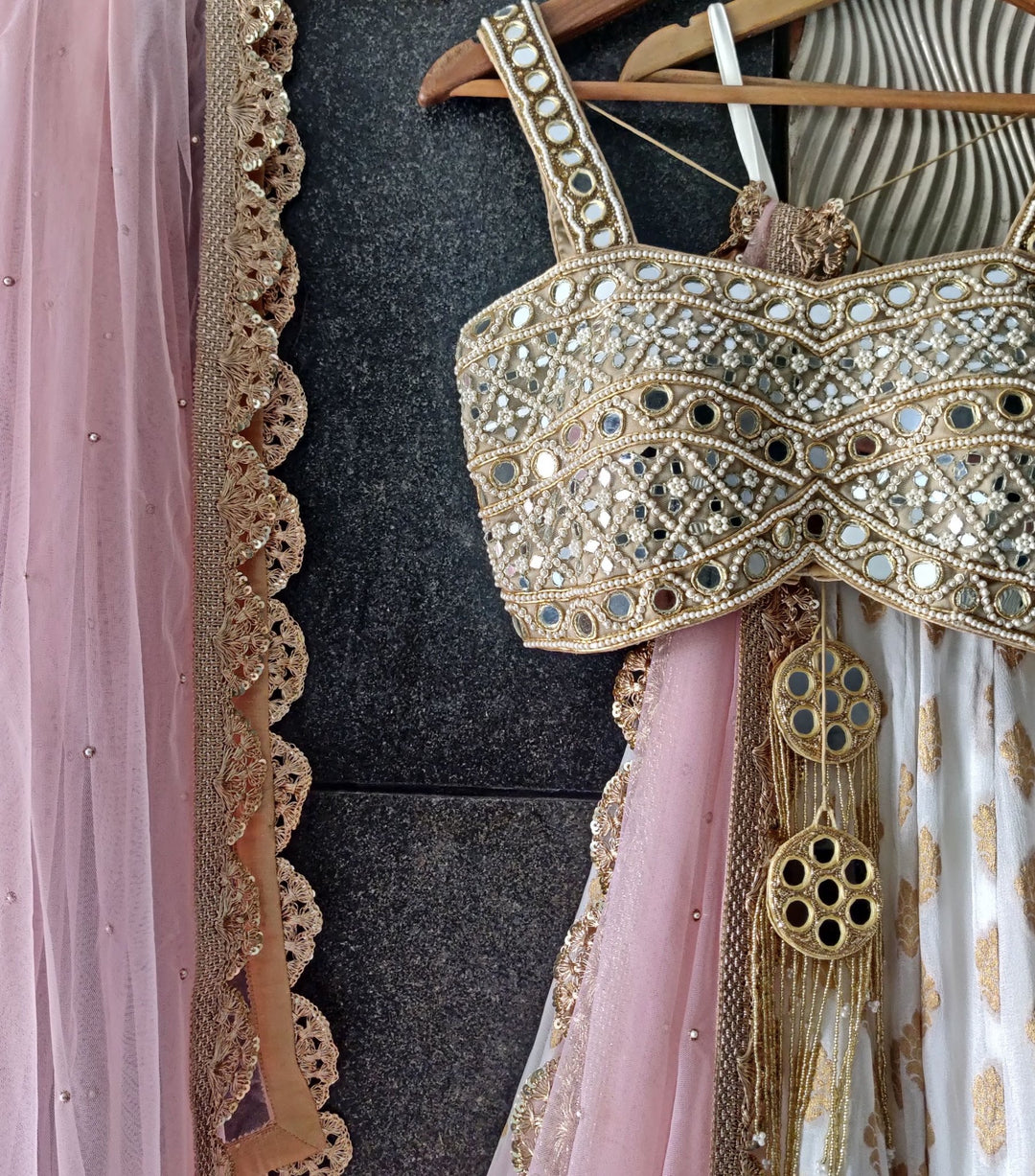 Ivory Gold Shimmer and Mirror Work Bustier Lehenga Set Priti Sahni - Fabilicious Fashion