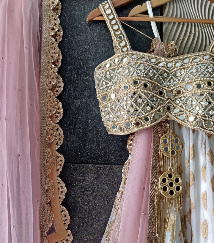 Ivory Gold Shimmer and Mirror Work Bustier Lehenga Set Priti Sahni - Fabilicious Fashion