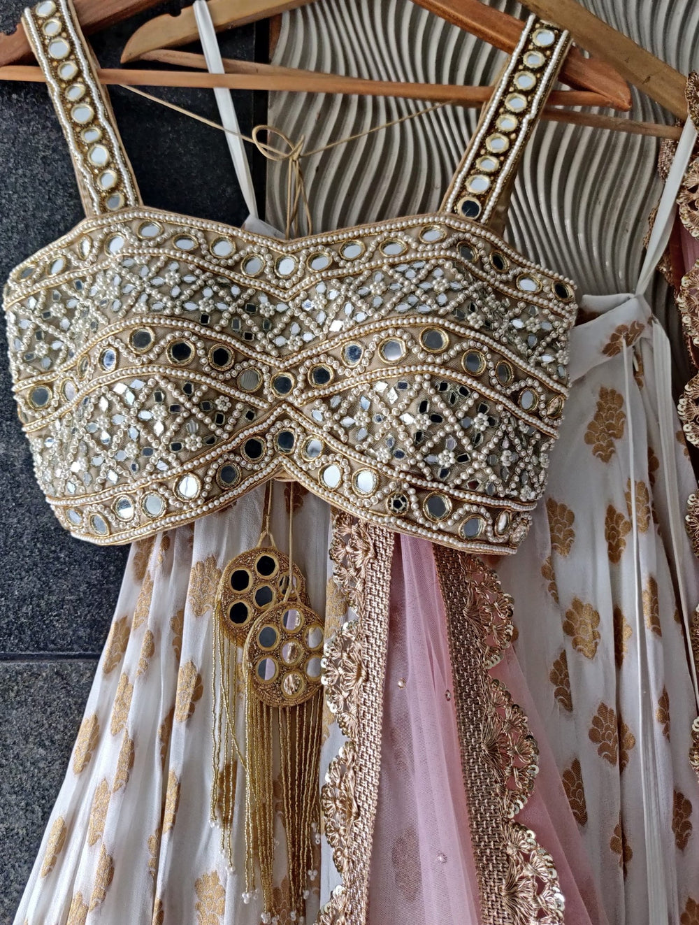 Ivory Gold Shimmer and Mirror Work Bustier Lehenga Set Priti Sahni - Fabilicious Fashion
