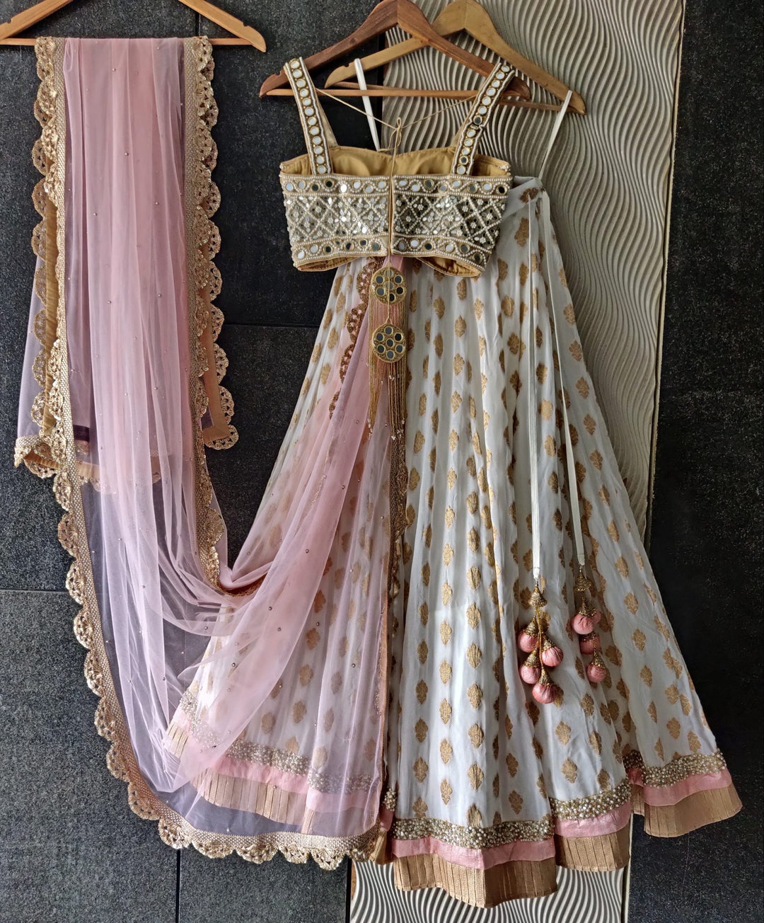 Ivory Gold Shimmer and Mirror Work Bustier Lehenga Set Priti Sahni - Fabilicious Fashion