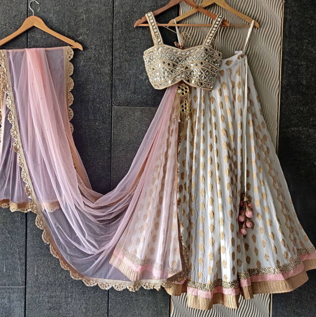 Ivory Gold Shimmer and Mirror Work Bustier Lehenga Set Priti Sahni - Fabilicious Fashion