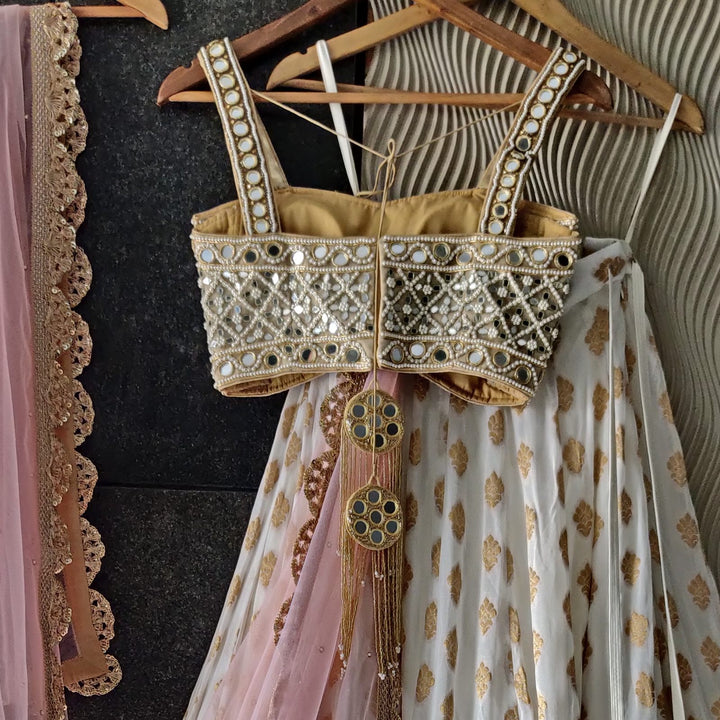 Ivory Gold Shimmer and Mirror Work Bustier Lehenga Set Priti Sahni - Fabilicious Fashion