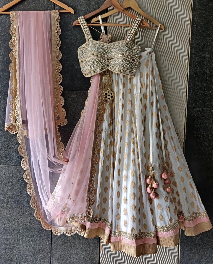 Ivory Gold Shimmer and Mirror Work Bustier Lehenga Set Priti Sahni - Fabilicious Fashion