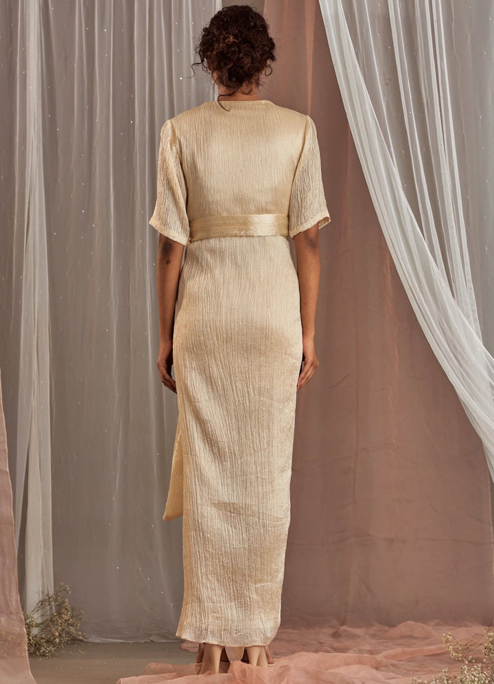Ivory Gold Tie-Up Silk Dress With Belt Nidhika Shekhar - Fabilicious Fashion
