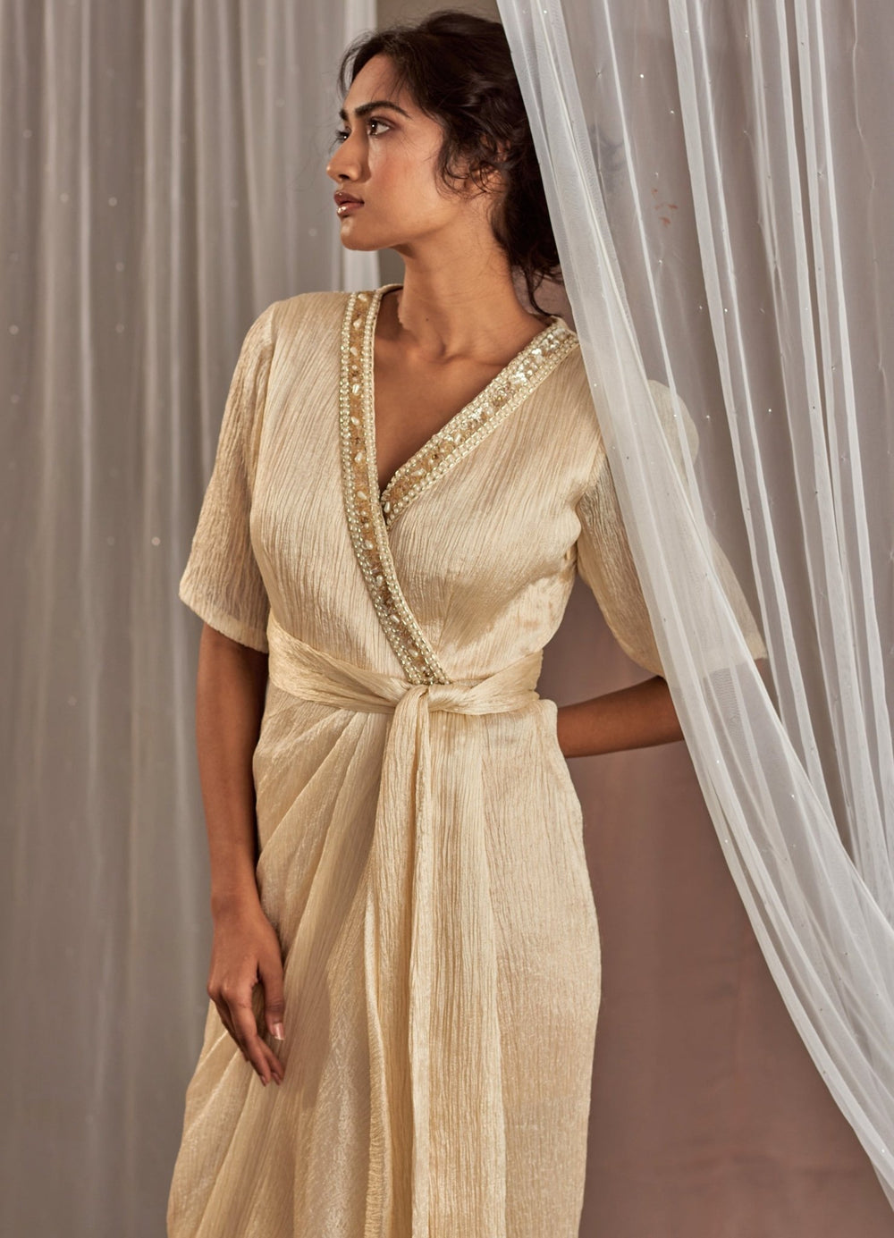 Ivory Gold Tie-Up Silk Dress With Belt Nidhika Shekhar - Fabilicious Fashion