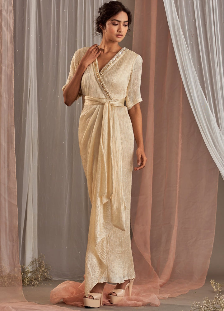 Ivory Gold Tie-Up Silk Dress With Belt Nidhika Shekhar - Fabilicious Fashion