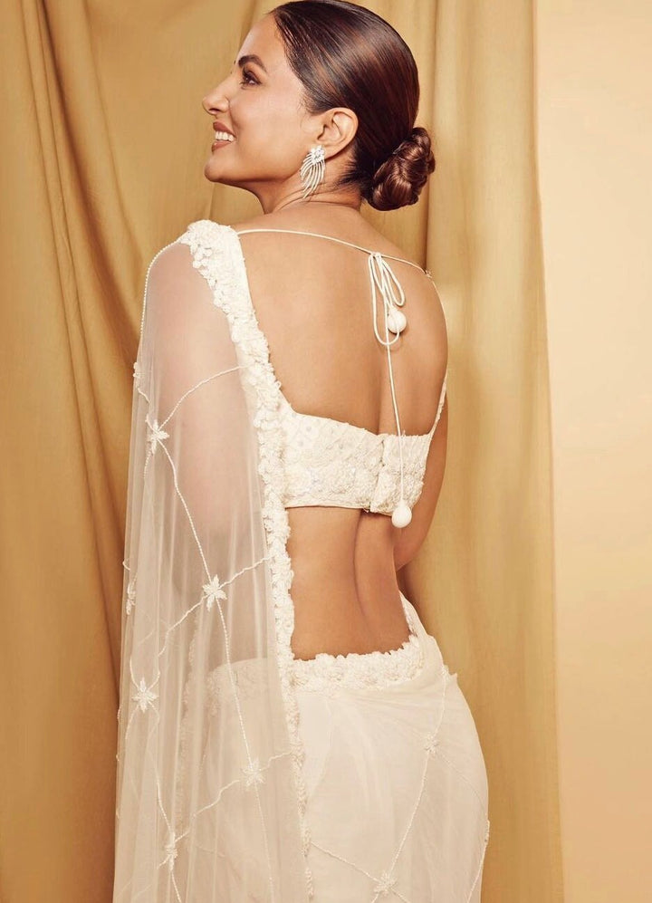 Ivory Hand Embroidered Pre Draped Saree QAT By Agni - Fabilicious Fashion