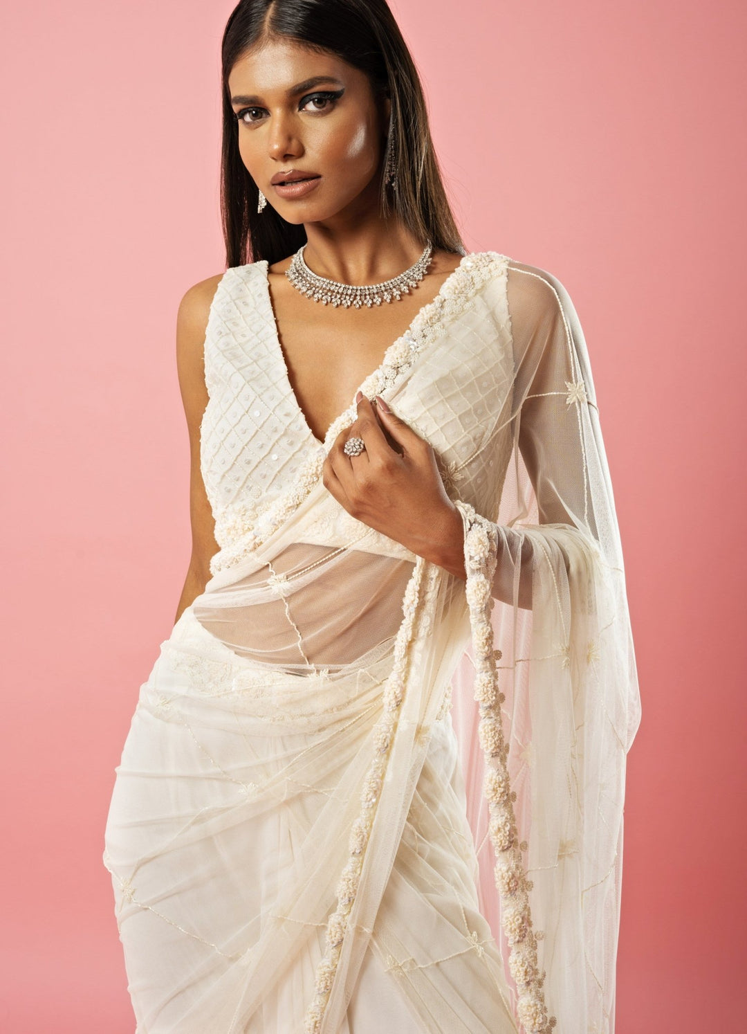 Ivory Hand Embroidered Pre Draped Saree QAT By Agni - Fabilicious Fashion