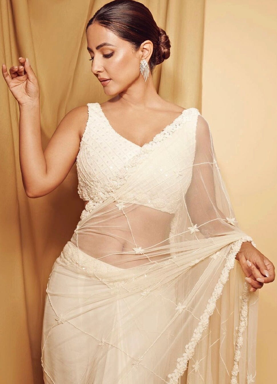 Ivory Hand Embroidered Pre Draped Saree QAT By Agni - Fabilicious Fashion