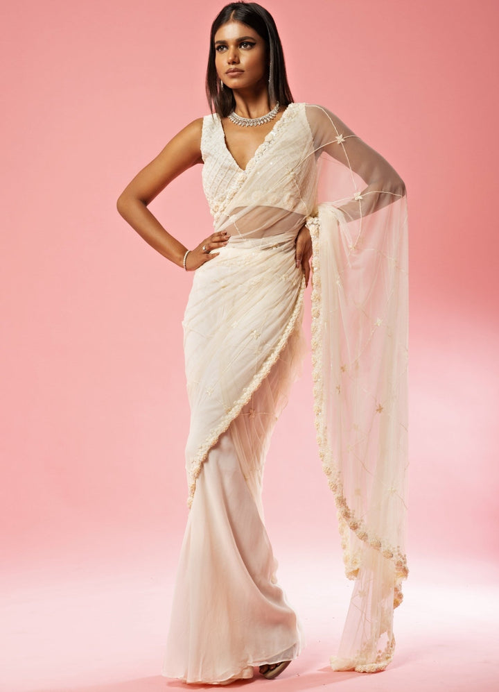 Ivory Hand Embroidered Pre Draped Saree QAT By Agni - Fabilicious Fashion