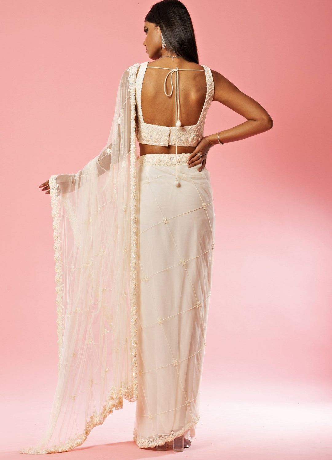Ivory Hand Embroidered Pre Draped Saree QAT By Agni - Fabilicious Fashion
