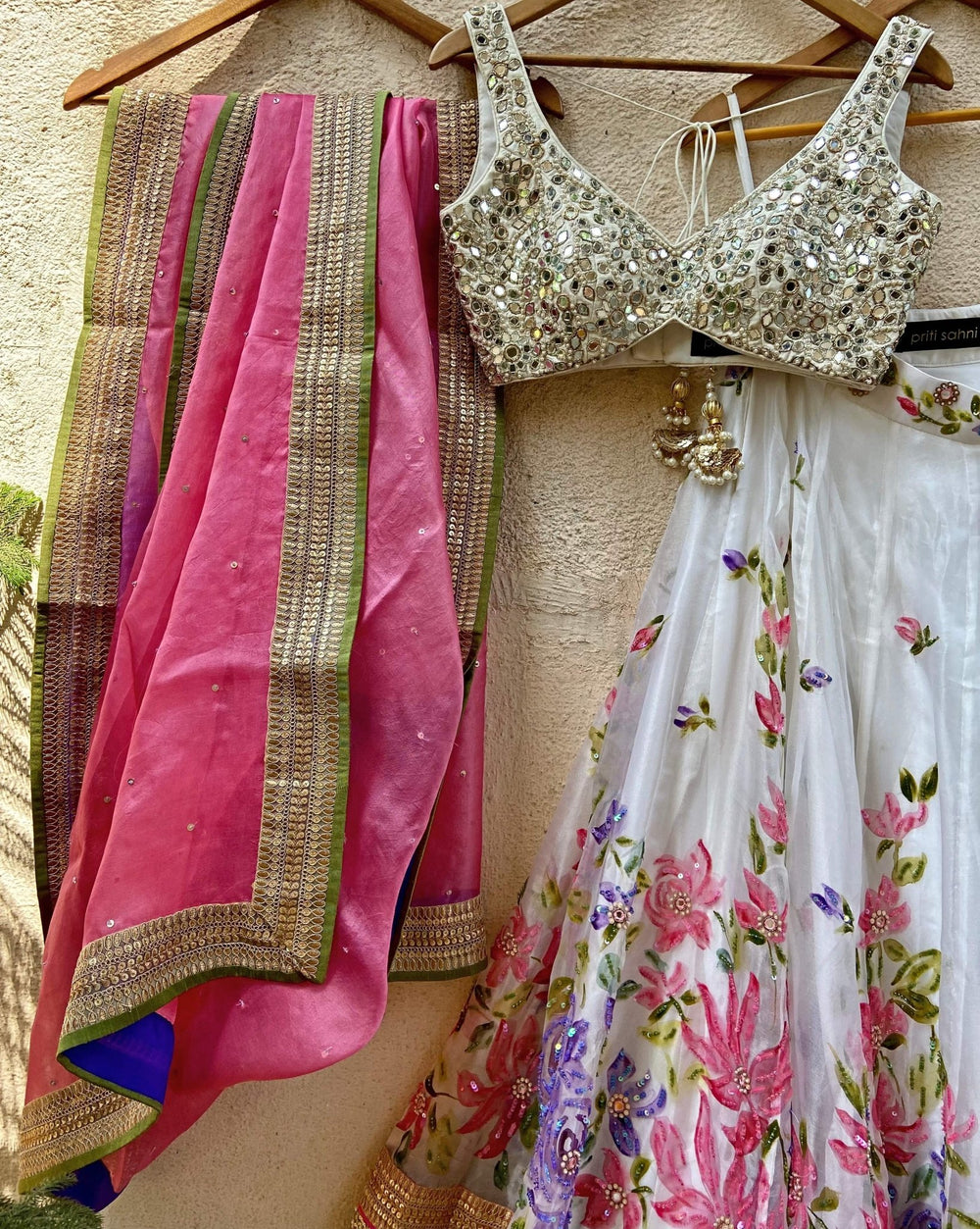 Ivory Hand Painted Lehenga With Mirror Work Blouse Set Priti Sahni - Fabilicious Fashion