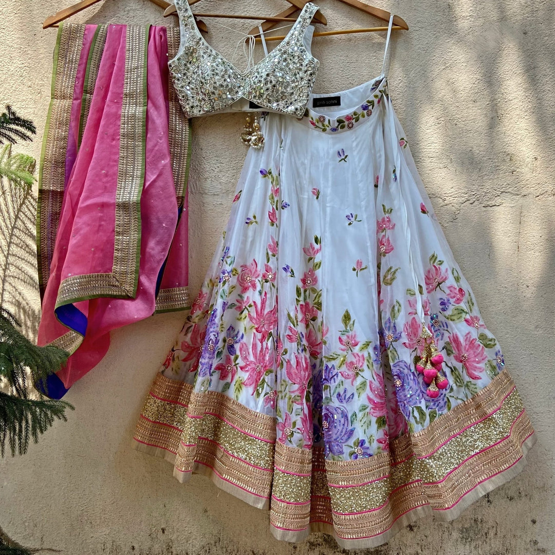 Ivory Hand Painted Lehenga With Mirror Work Blouse Set Priti Sahni - Fabilicious Fashion