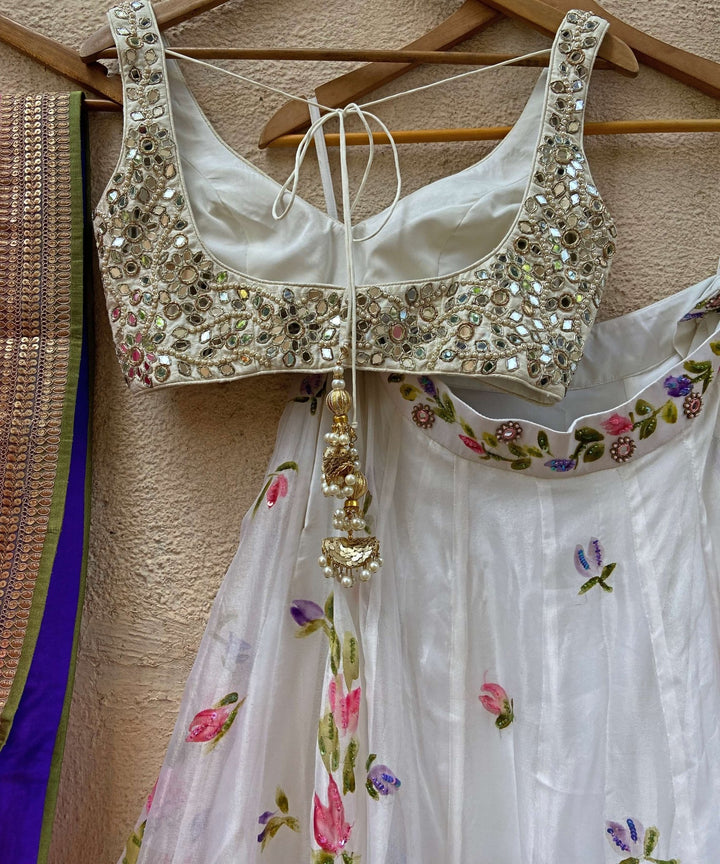 Ivory Hand Painted Lehenga With Mirror Work Blouse Set Priti Sahni - Fabilicious Fashion
