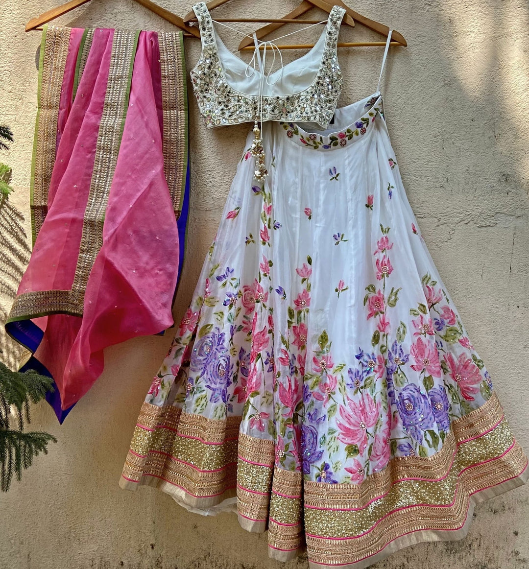 Ivory Hand Painted Lehenga With Mirror Work Blouse Set Priti Sahni - Fabilicious Fashion