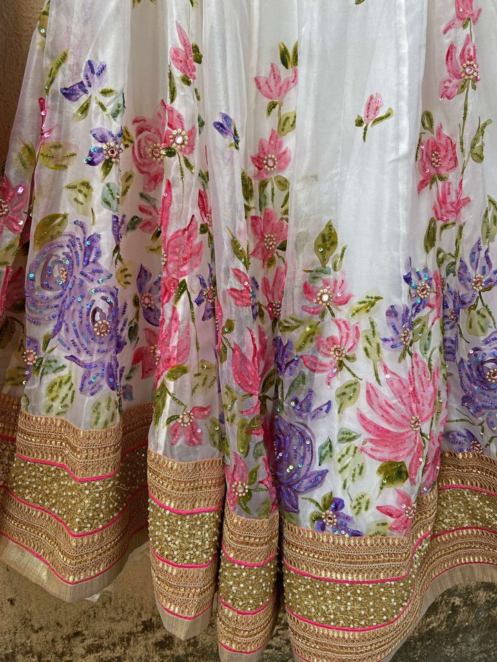 Ivory Hand Painted Lehenga With Mirror Work Blouse Set Priti Sahni - Fabilicious Fashion