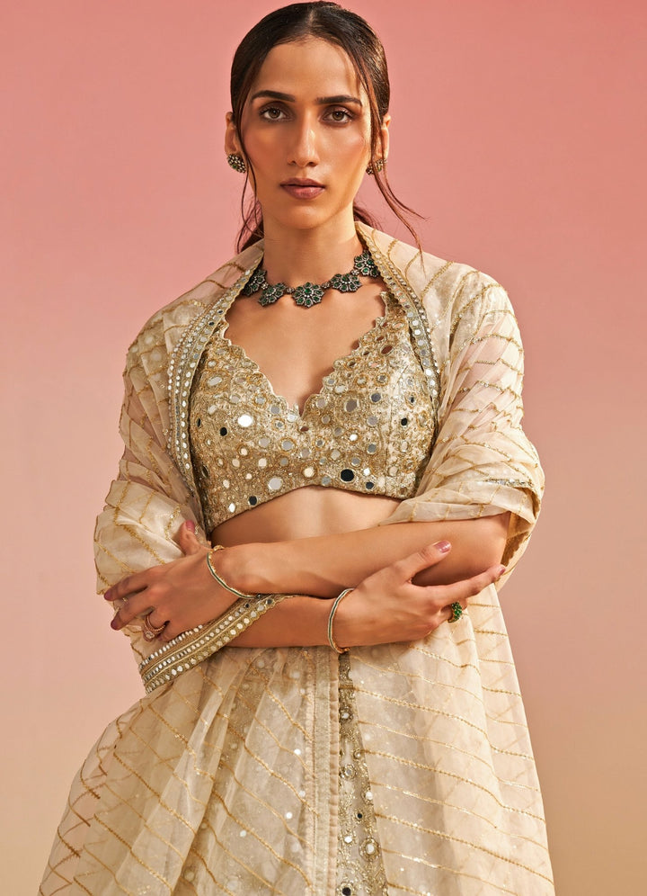 Ivory Mirrorwork Organza Lehenga Set Studio Iris - Fabilicious Fashion