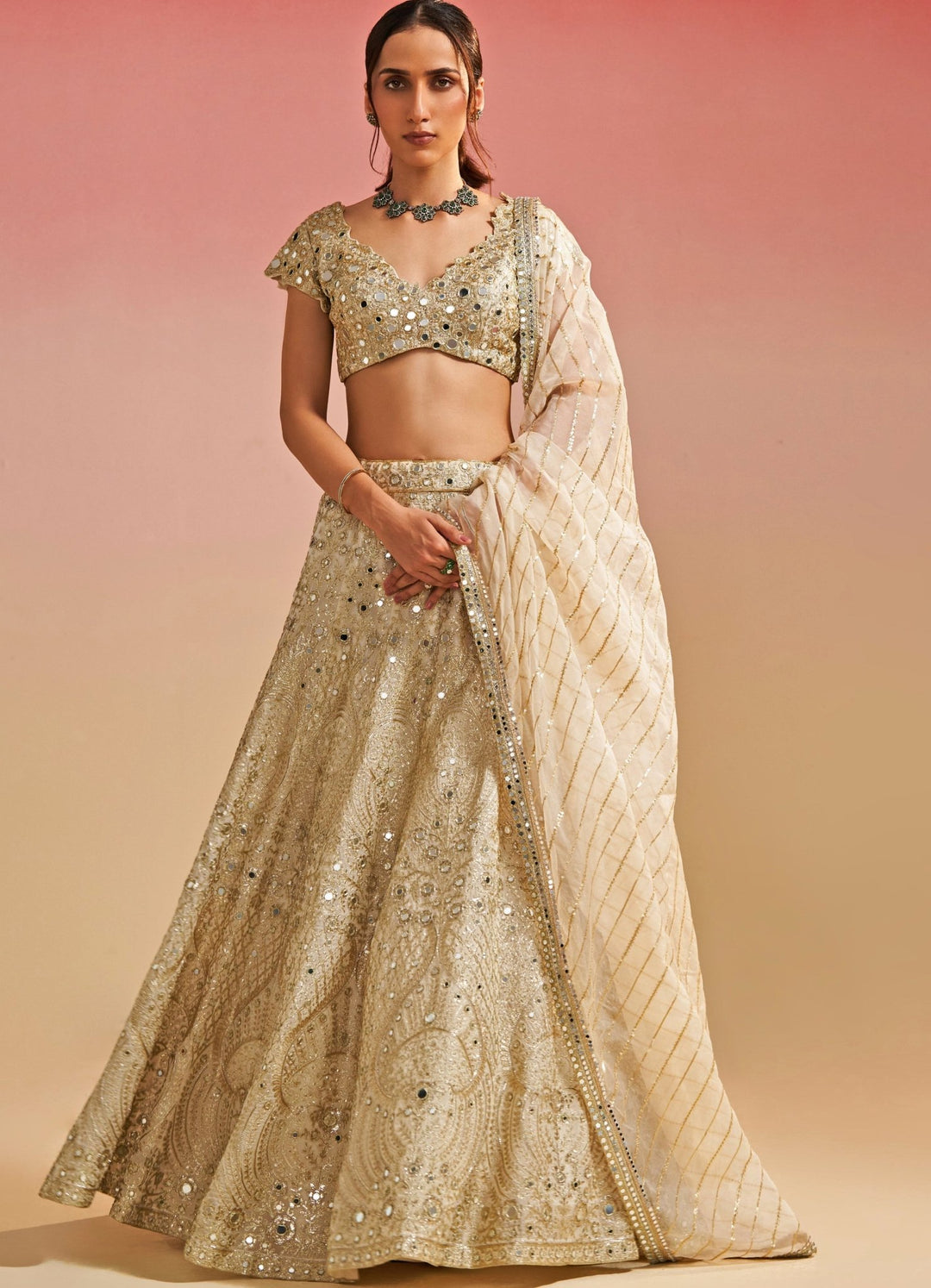 Ivory Mirrorwork Organza Lehenga Set Studio Iris - Fabilicious Fashion