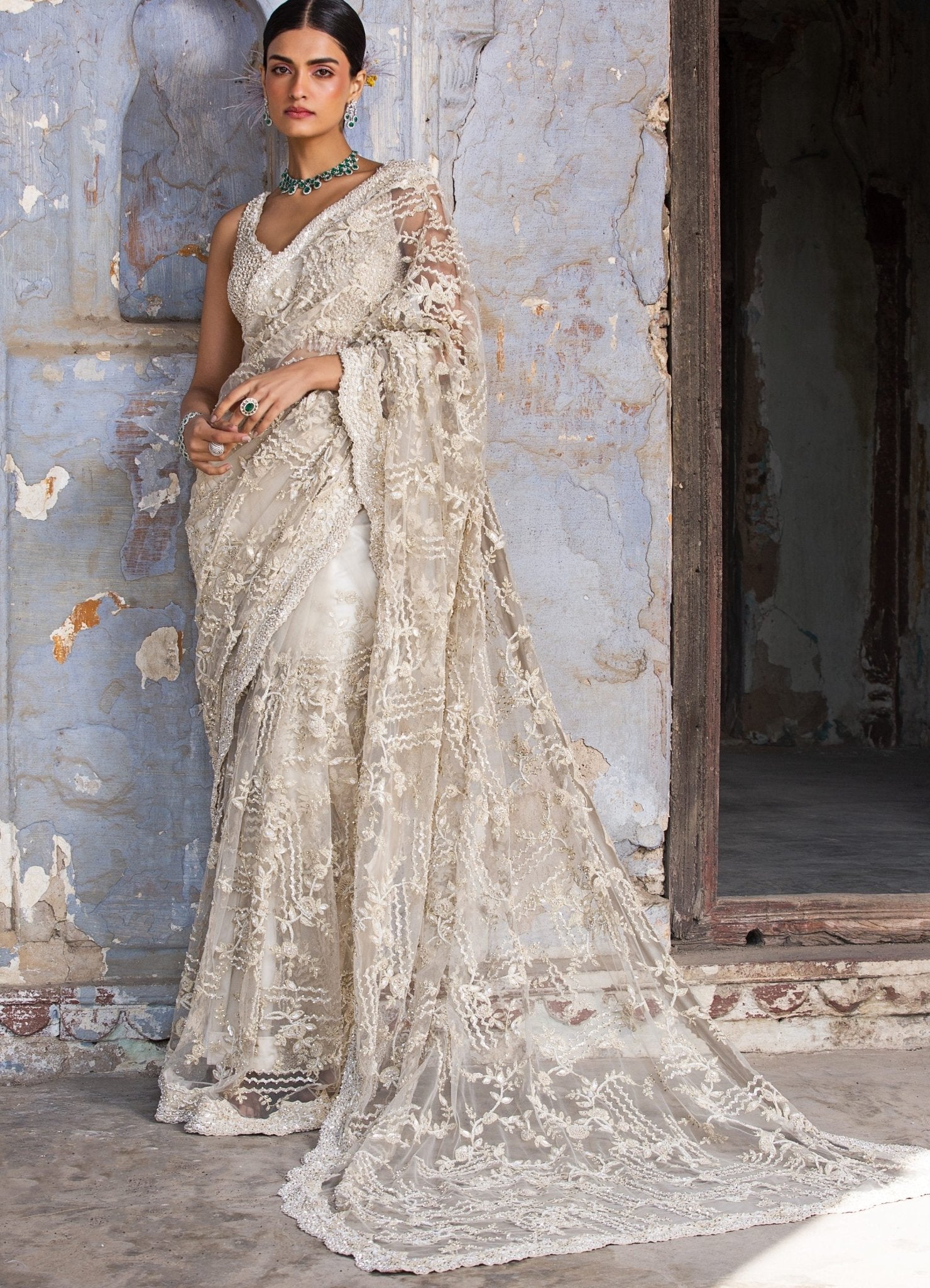 Ivory embellished saree set for modern weddings