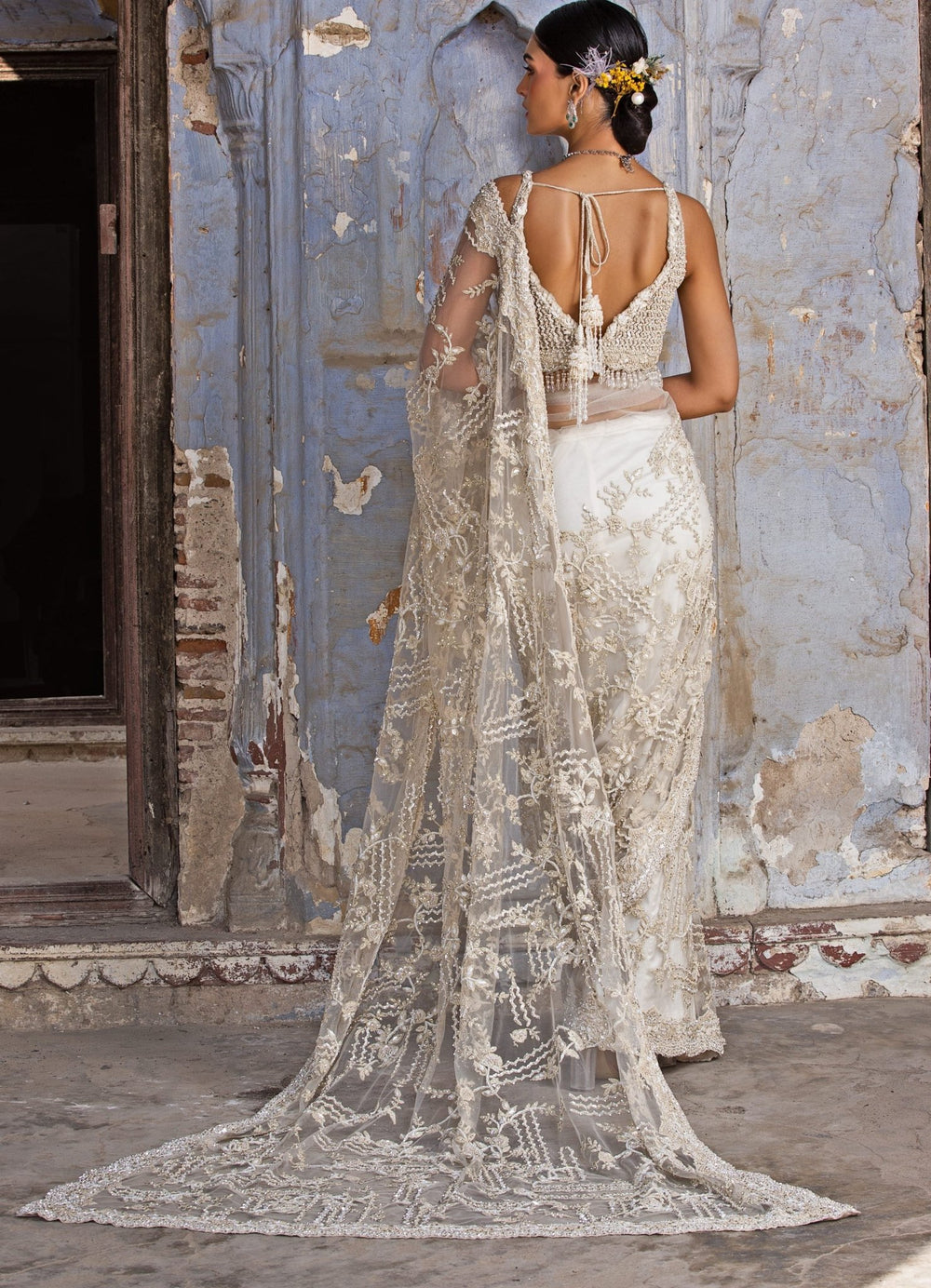 Ivory Net Embellished Saree Set Nitika Gujral - Fabilicious Fashion