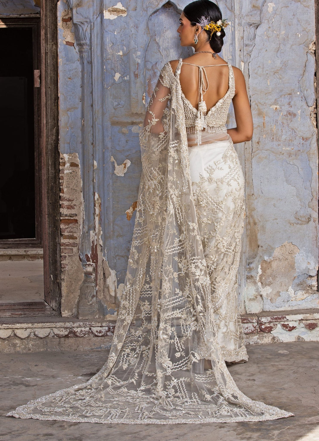 Ivory Net Embellished Saree Set Nitika Gujral - Fabilicious Fashion