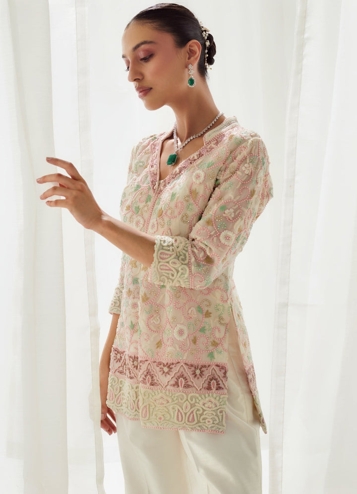 Ivory Organza Embellished Short Kurta With Silk Coord Set Suhino - Fabilicious Fashion