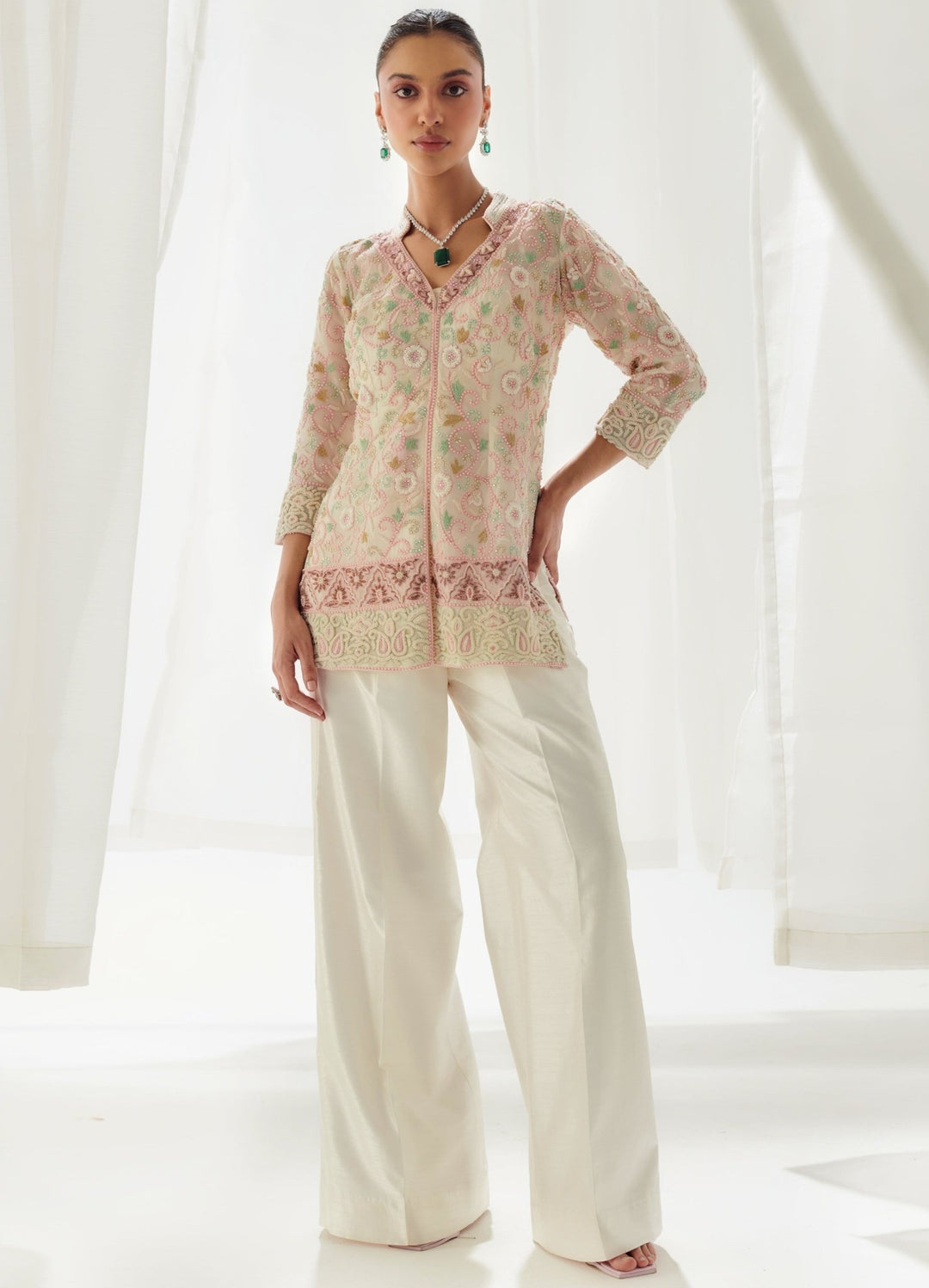 Ivory Organza Embellished Short Kurta With Silk Coord Set Suhino - Fabilicious Fashion