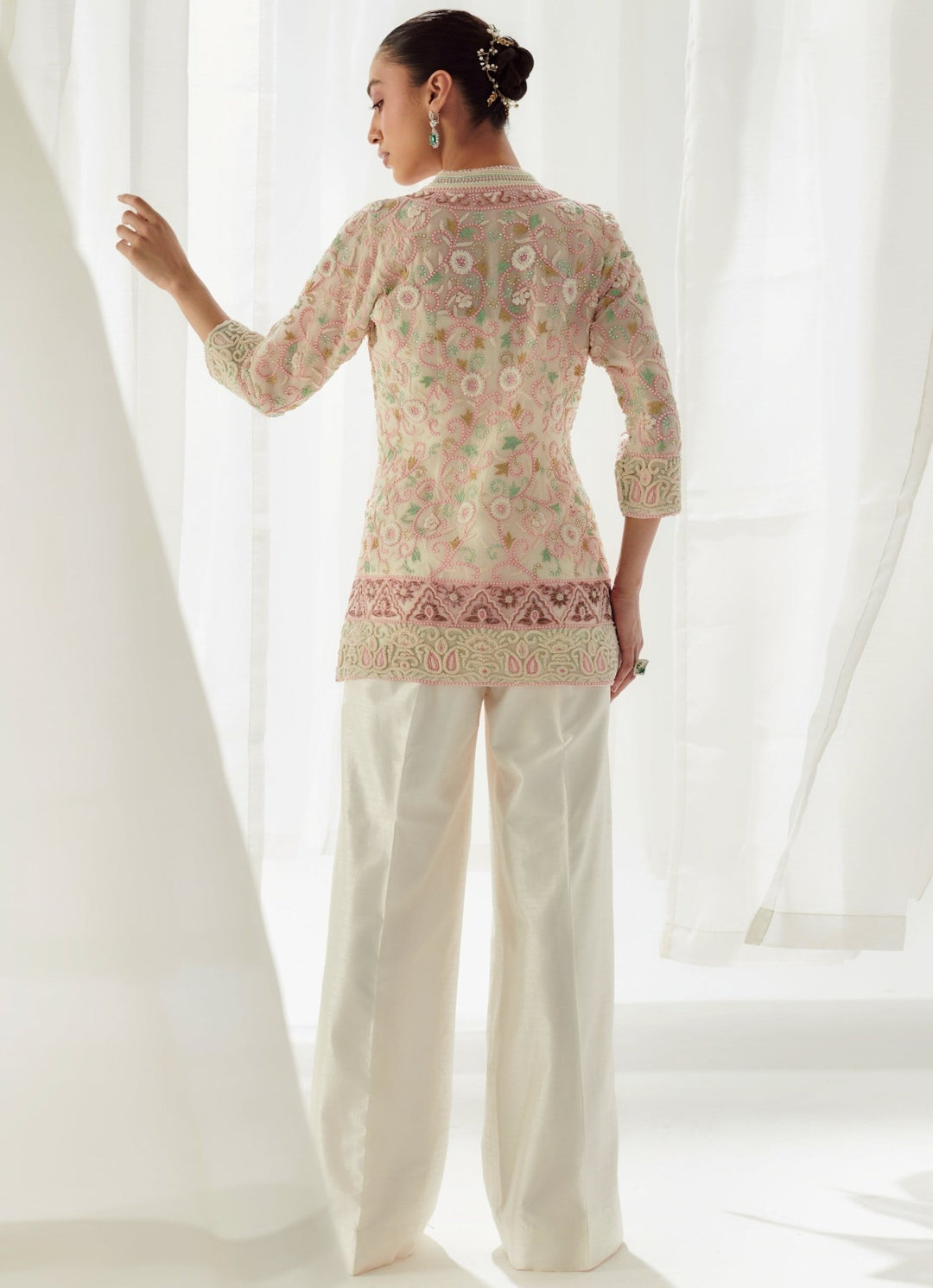 Ivory Organza Embellished Short Kurta With Silk Coord Set Suhino - Fabilicious Fashion
