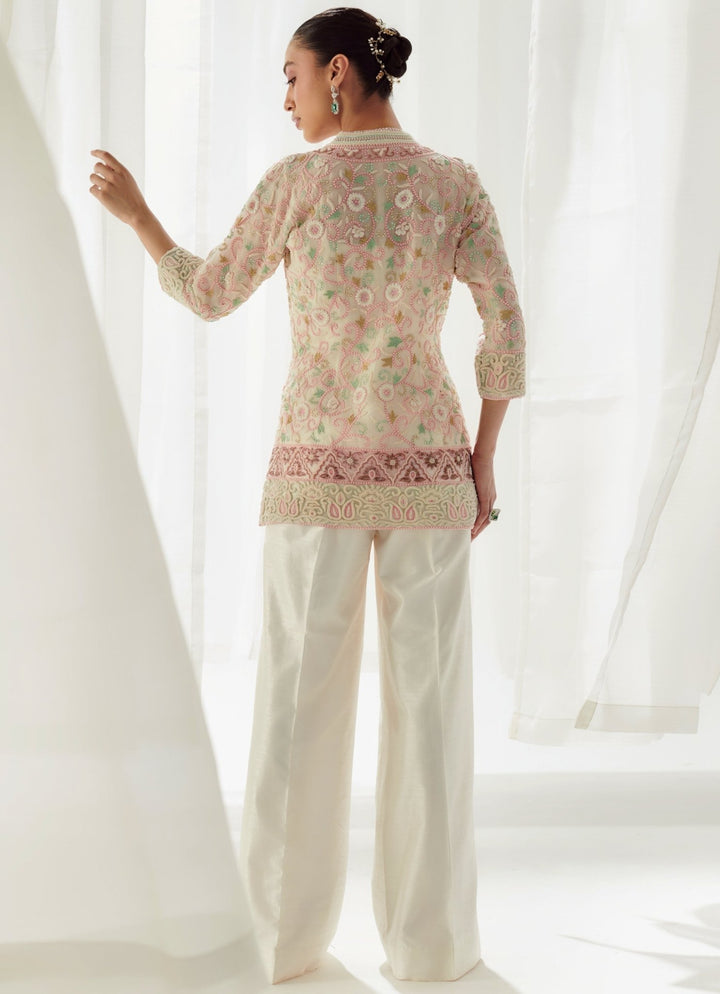 Ivory Organza Embellished Short Kurta With Silk Coord Set Suhino - Fabilicious Fashion