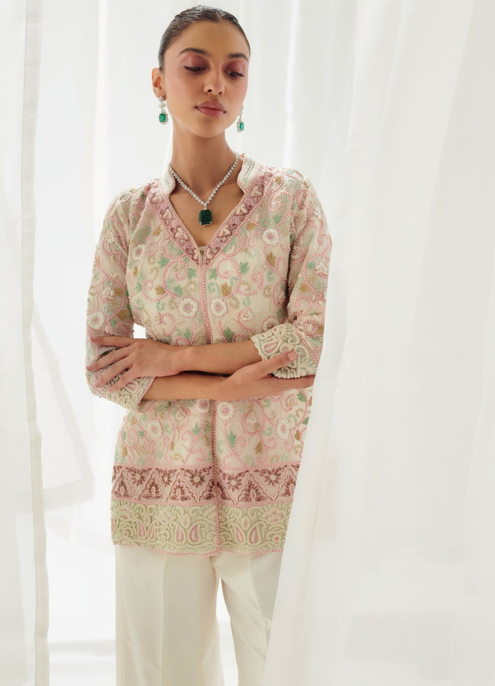 Ivory Organza Embellished Short Kurta With Silk Coord Set Suhino - Fabilicious Fashion