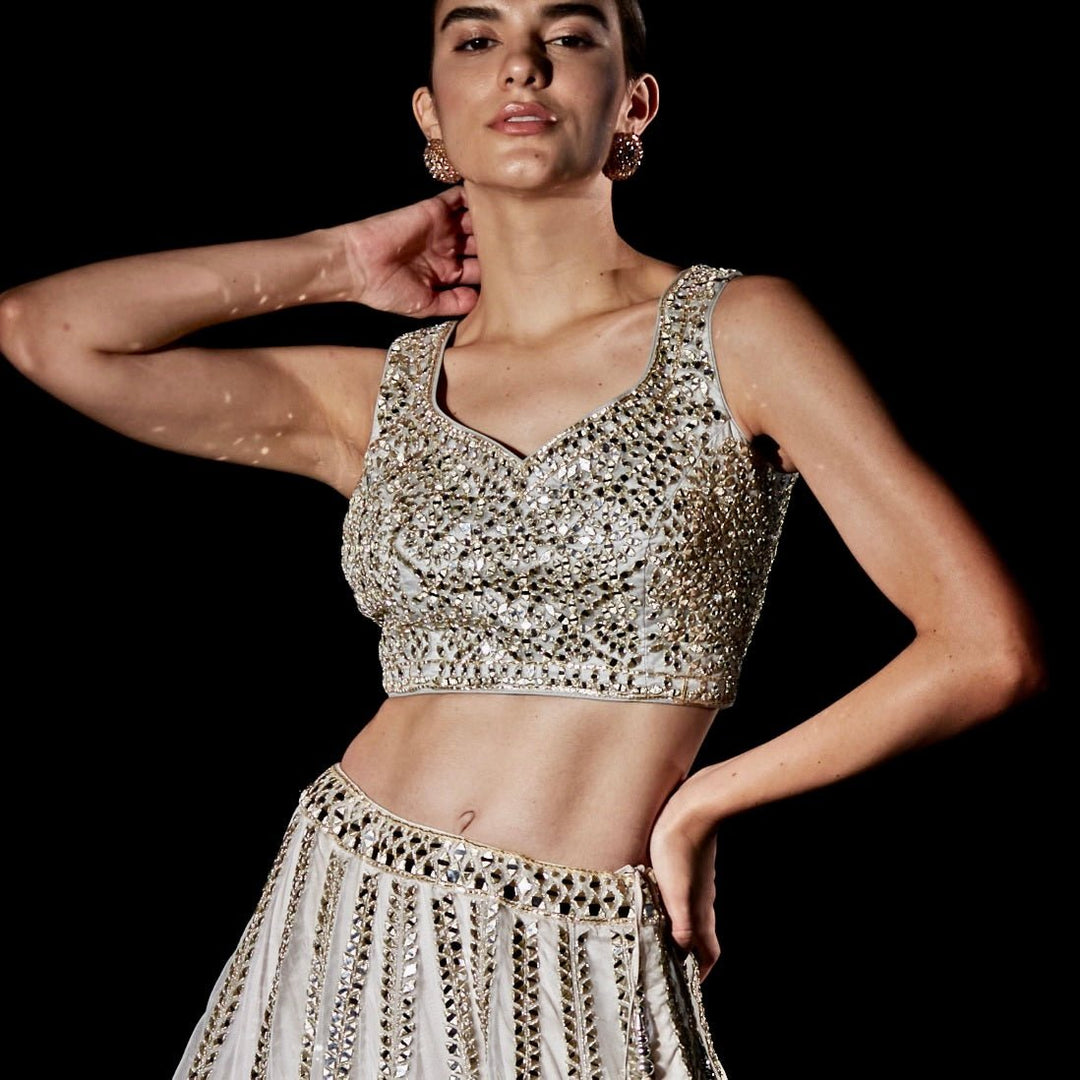 Ivory Organza Mirrorwork Lehenga Set Angad Singh - Fabilicious Fashion