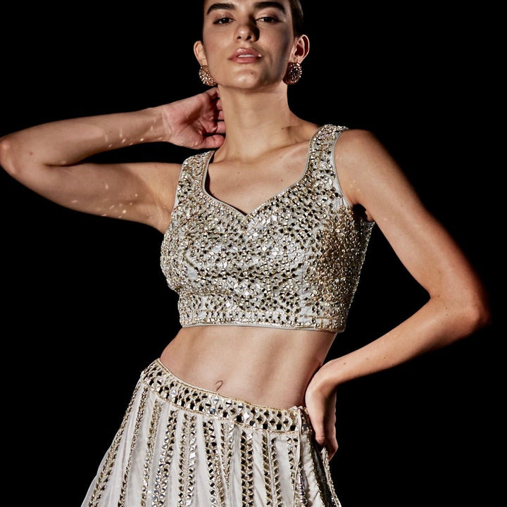 Ivory Organza Mirrorwork Lehenga Set Angad Singh - Fabilicious Fashion