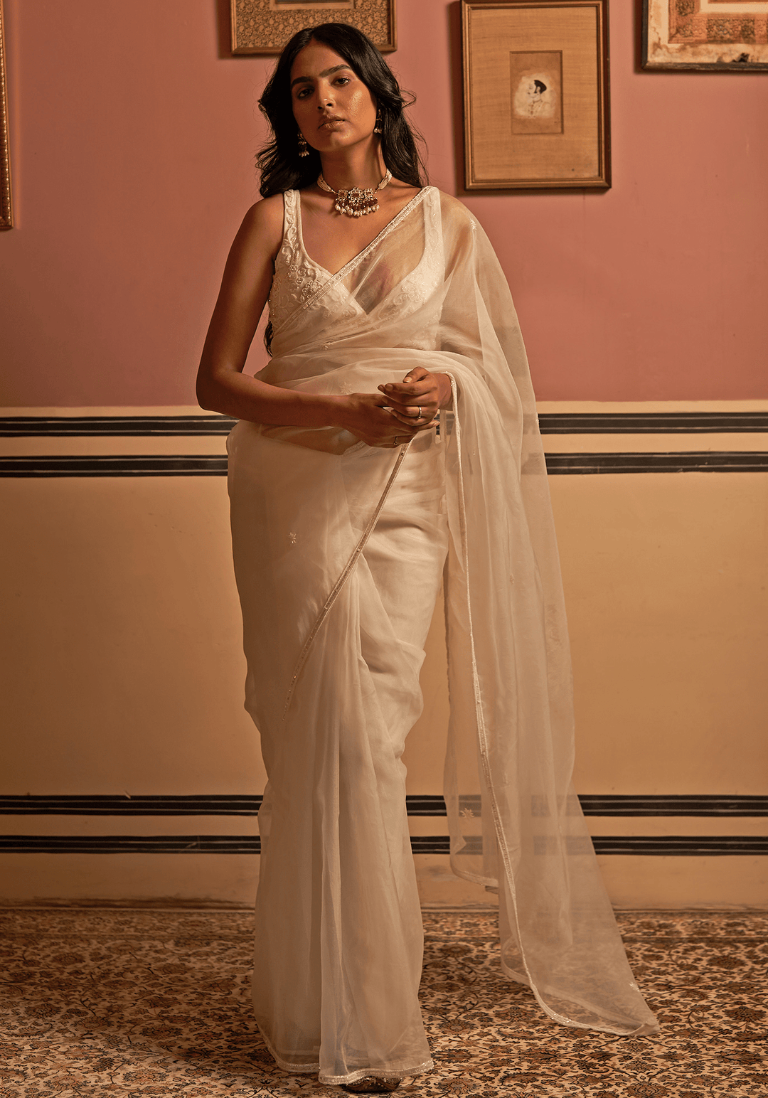 Ivory Organza Silk Hand Embroidered Saree Set Zoon Tribe - Fabilicious Fashion