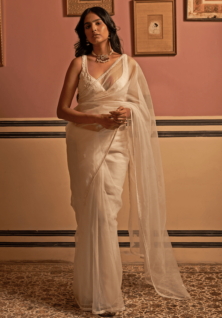 Ivory Organza Silk Hand Embroidered Saree Set Zoon Tribe - Fabilicious Fashion