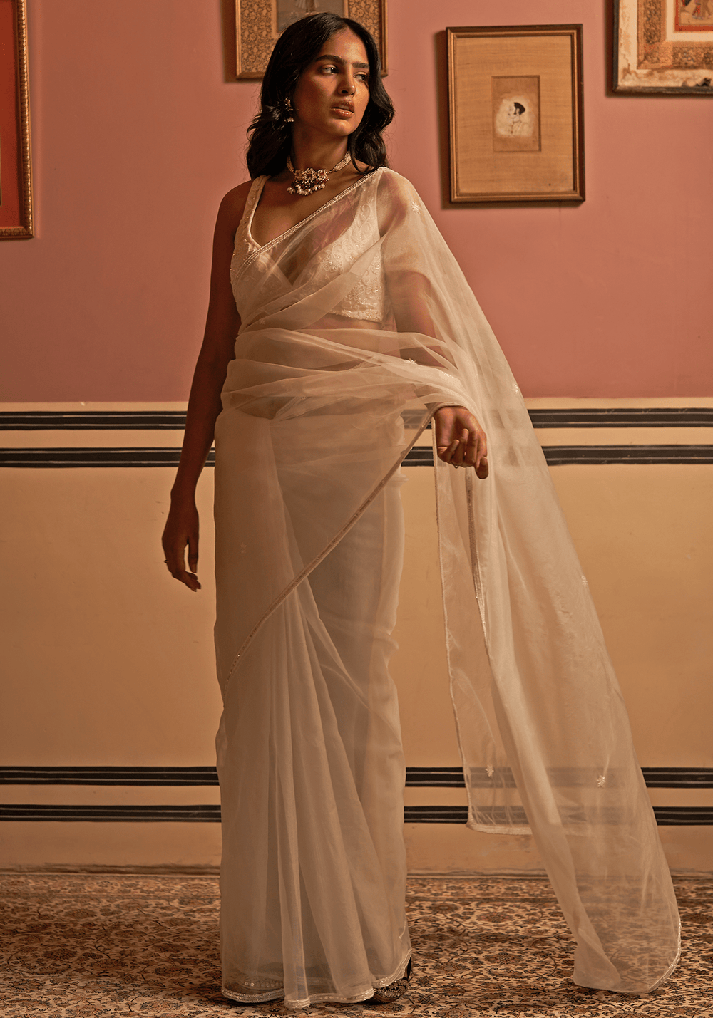 Ivory Organza Silk Hand Embroidered Saree Set Zoon Tribe - Fabilicious Fashion