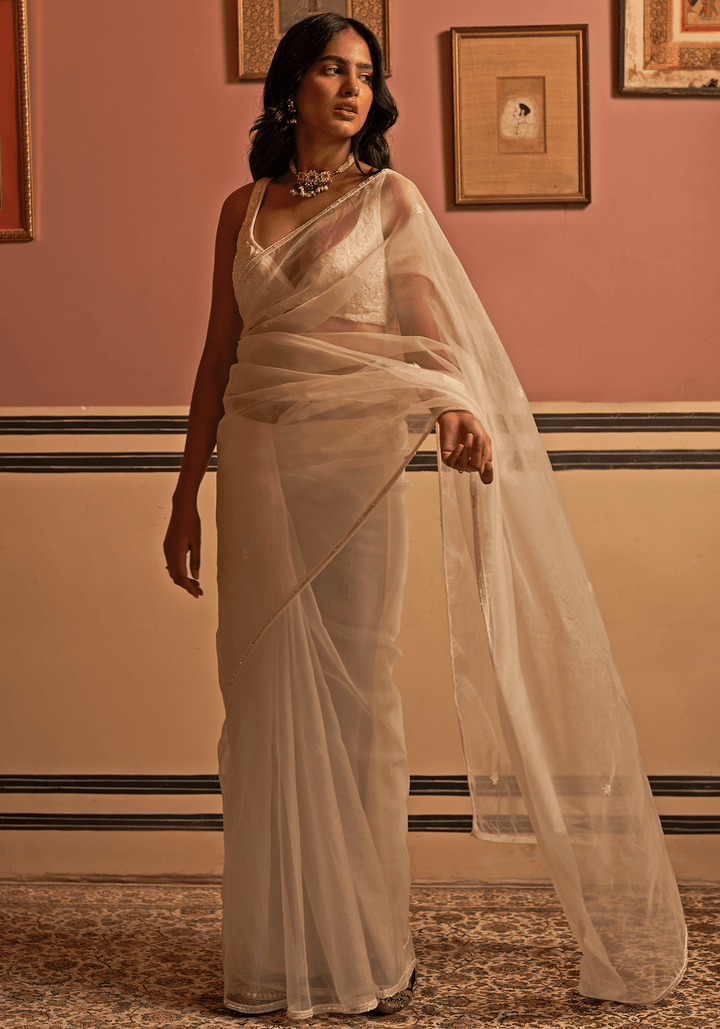 Ivory Organza Silk Hand Embroidered Saree Set Zoon Tribe - Fabilicious Fashion