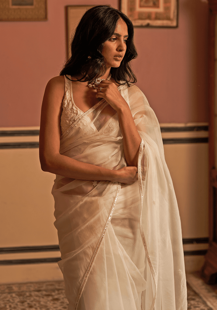 Ivory Organza Silk Hand Embroidered Saree Set Zoon Tribe - Fabilicious Fashion