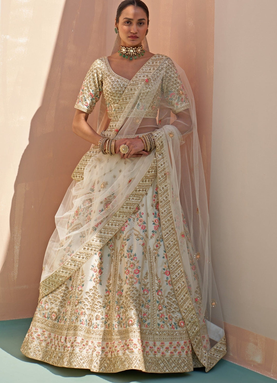 Ivory Pink and Blue Resham Embroidered Double Dupatta Lehenga Set Angad Singh - Fabilicious Fashion