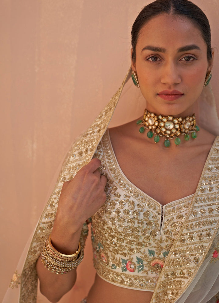 Ivory Pink and Blue Resham Embroidered Double Dupatta Lehenga Set Angad Singh - Fabilicious Fashion