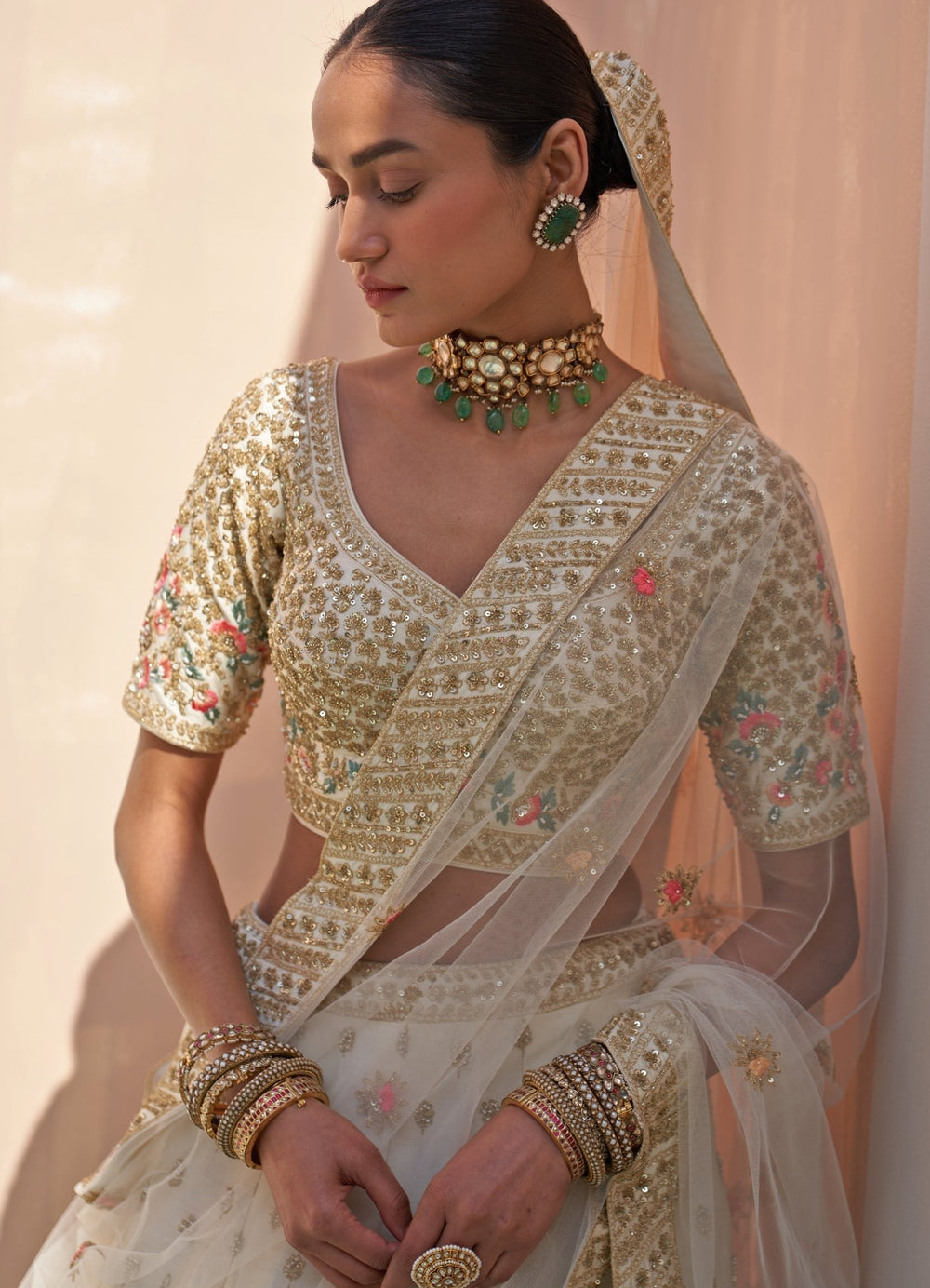 Ivory Pink and Blue Resham Embroidered Double Dupatta Lehenga Set Angad Singh - Fabilicious Fashion