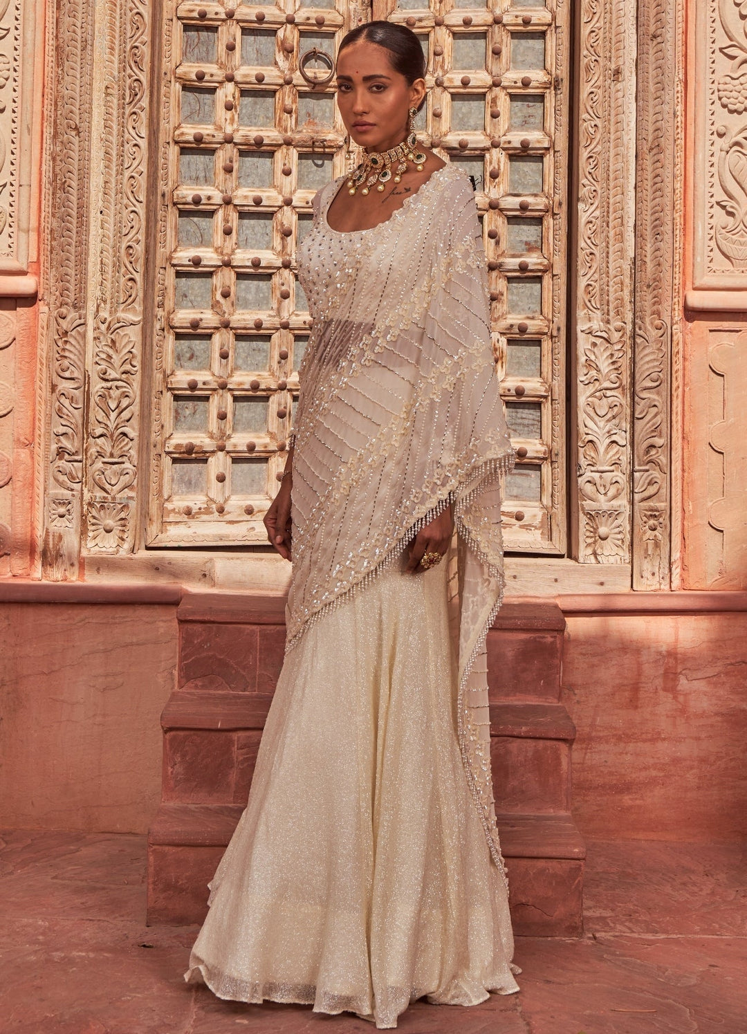 Ivory Pre-Draped Lehenga Georgette Saree With Blouse Nidhika Shekhar - Fabilicious Fashion