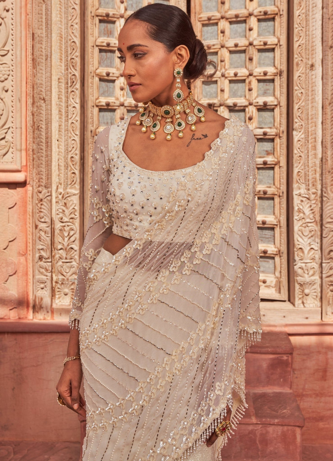 Ivory Pre-Draped Lehenga Georgette Saree With Blouse Nidhika Shekhar - Fabilicious Fashion