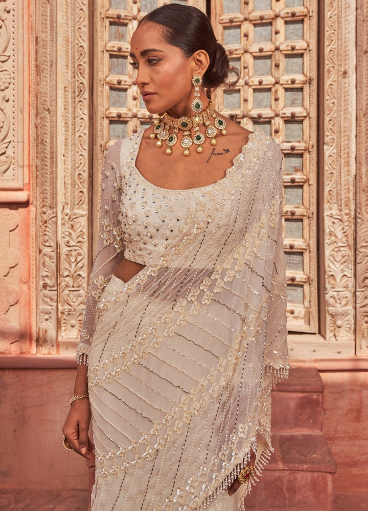 Ivory Pre-Draped Lehenga Georgette Saree With Blouse Nidhika Shekhar - Fabilicious Fashion