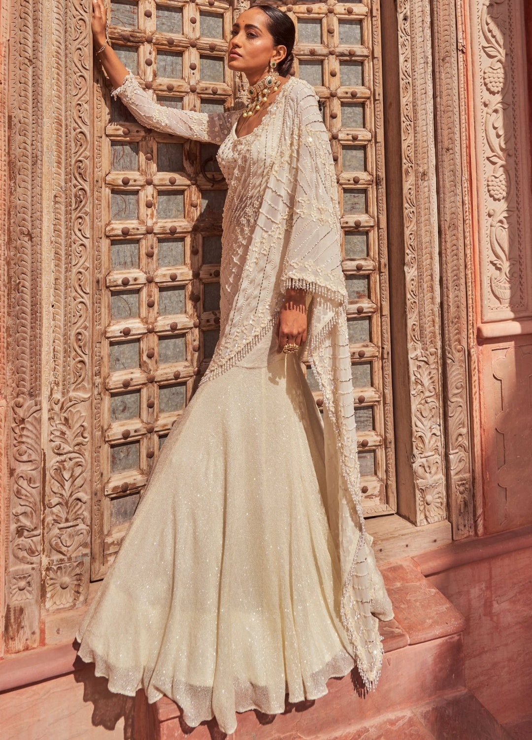 Ivory Pre-Draped Lehenga Georgette Saree With Blouse Nidhika Shekhar - Fabilicious Fashion