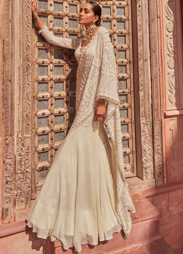 Ivory Pre-Draped Lehenga Georgette Saree With Blouse Nidhika Shekhar - Fabilicious Fashion