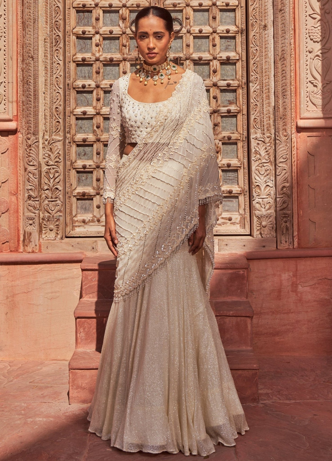 Ivory Pre-Draped Lehenga Georgette Saree With Blouse Nidhika Shekhar - Fabilicious Fashion