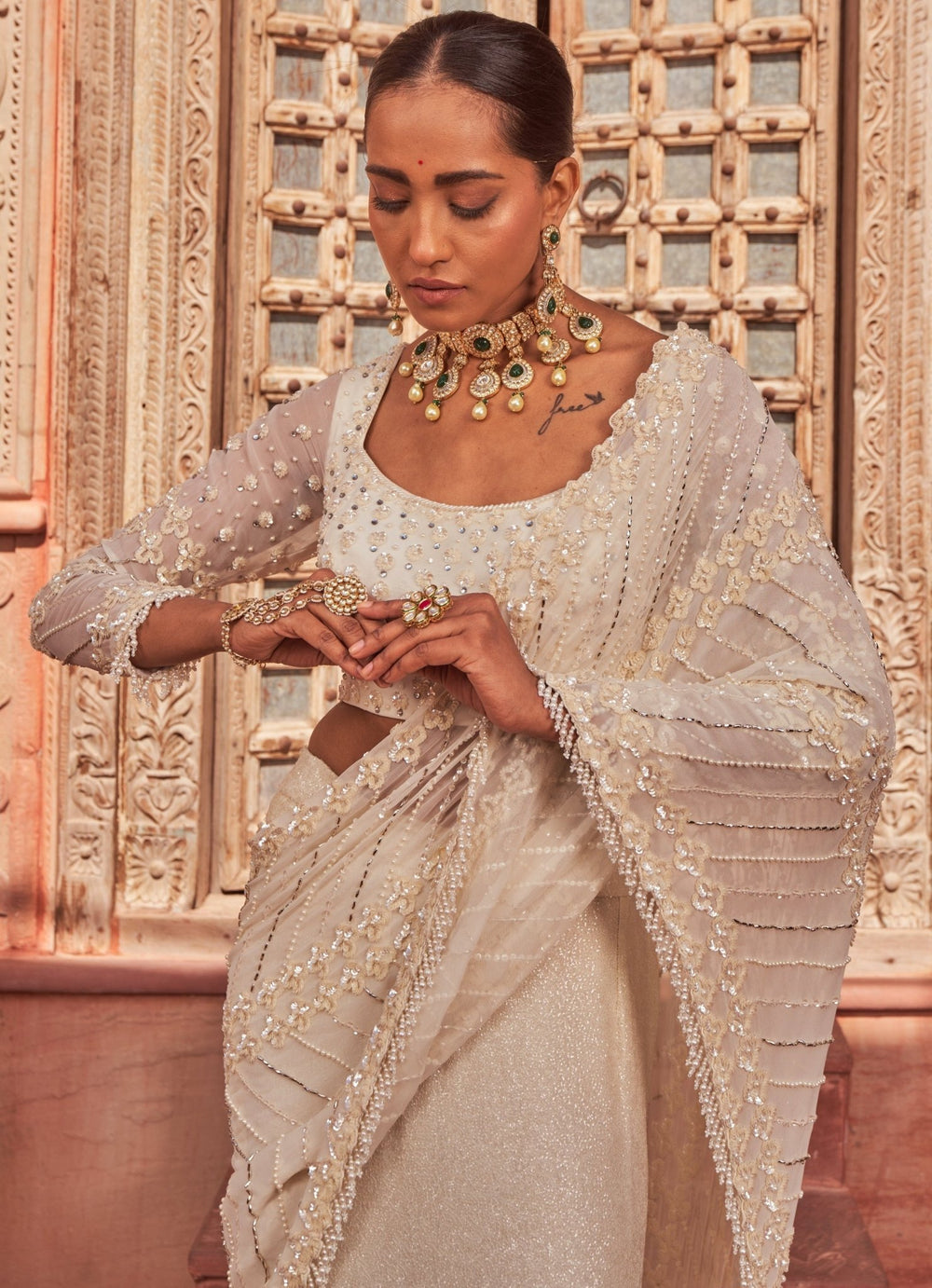 Ivory Pre-Draped Lehenga Georgette Saree With Blouse Nidhika Shekhar - Fabilicious Fashion