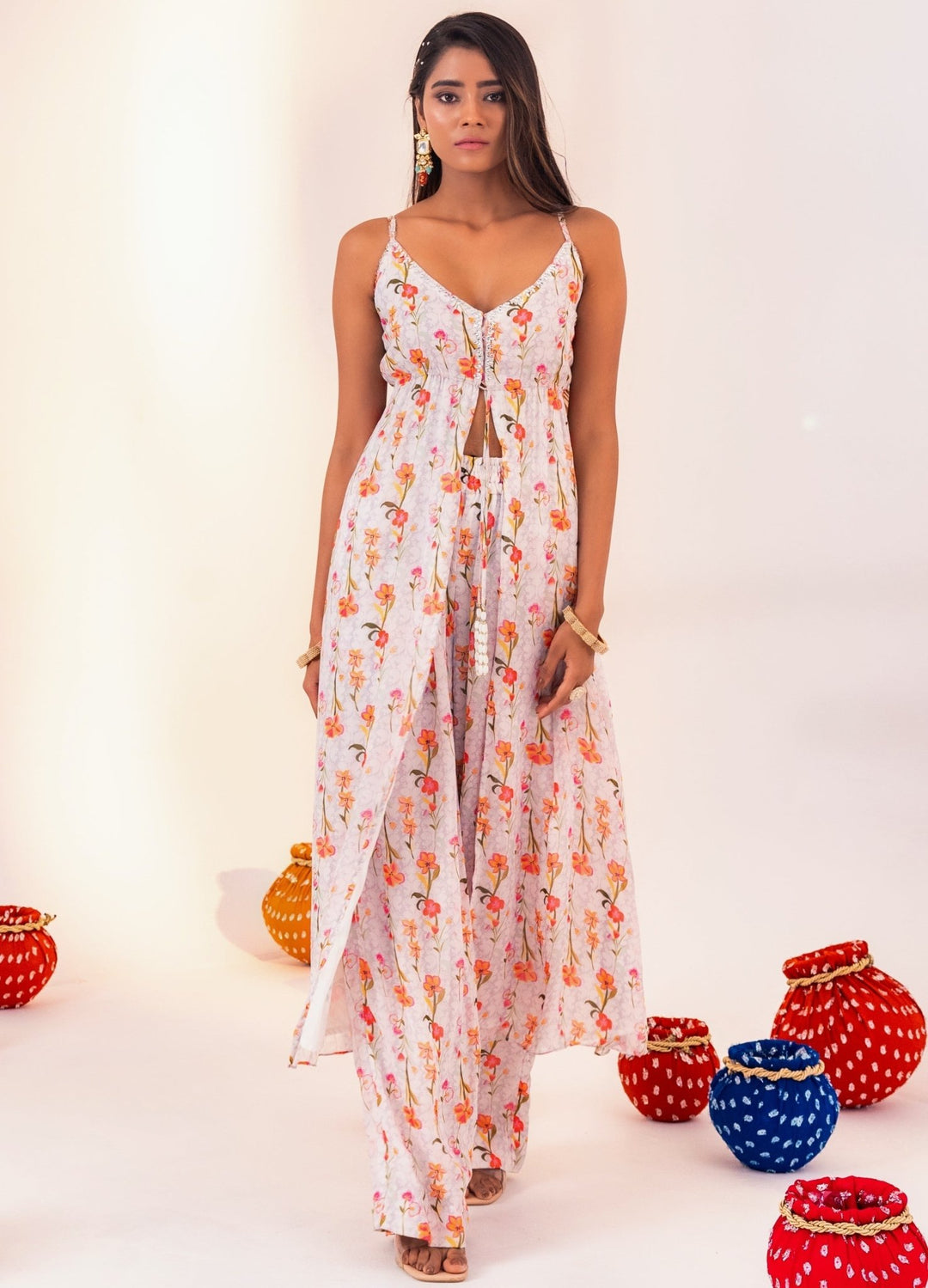 Ivory Printed Georgette Kurta Set With Pant Silky Bindra - Fabilicious Fashion